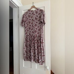 Vintage Express Burgundy Floral Paisley Drop Waist Midi Dress, M